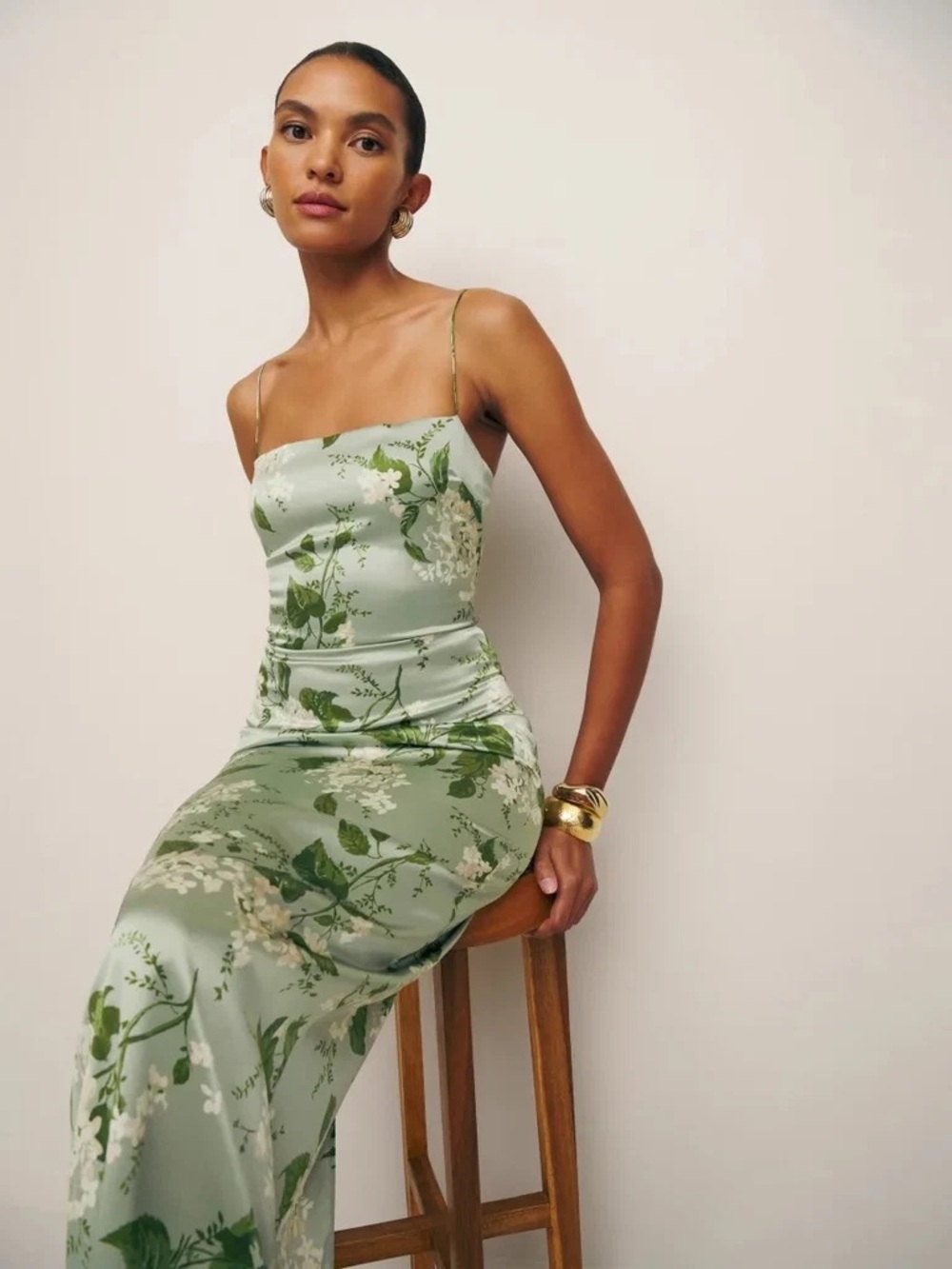 Reformation Frankie Satin Floral Maxi Dress in Sage Green - Picture 5 of 5